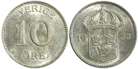 SWEDEN Gustaf V Silver 1935 G 10 Öre HIGH GRADE KM# 780 (21 900)