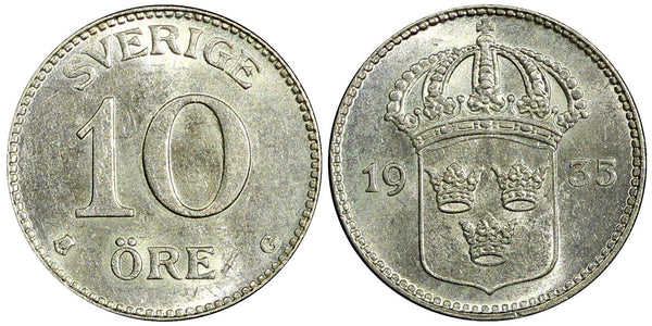 SWEDEN Gustaf V Silver 1935 G 10 Öre HIGH GRADE KM# 780 (21 900)