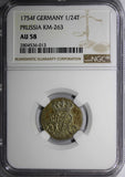 German States PRUSSIA 1754 F 1/24 Thaler NGC AU58 LIGHT TONING  KM# 263 (013)