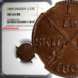 SWEDEN Gustaf IV Copper 1805 1/12 Skilling NGC MS64 RB TOP GRADED KM# 563 (075)