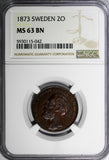 SWEDEN Oscar II Bronze 1873 2 Ore NGC MS63 BN Nice Toning 1 YEAR TYPE KM# 729(2)