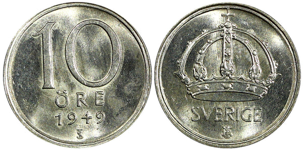 Sweden Gustaf V (1907-1950) Silver 1949 10 Öre GEM BU KM# 813 (22 062)