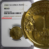 French West Africa Aluminum-Bronze 1944-L 1 Franc NGC MS63 Laureate Head KM#2(0)