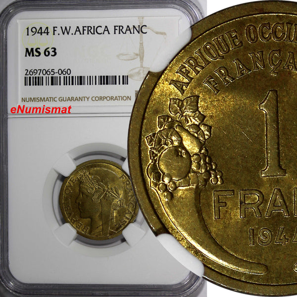 French West Africa Aluminum-Bronze 1944-L 1 Franc NGC MS63 Laureate Head KM#2(0)
