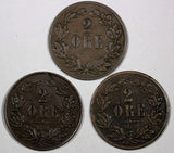 Sweden Oscar II Bronze LOT OF 3 COINS 1873 L.A. 2 Ore  VF KM# 729 (10 063)