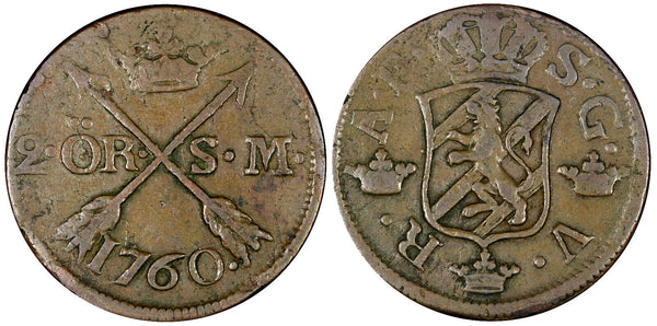 Sweden Adolf Frederick Copper 1760 2 Ore, S.M. Mintage-558,000 KM# 461 (21 346)