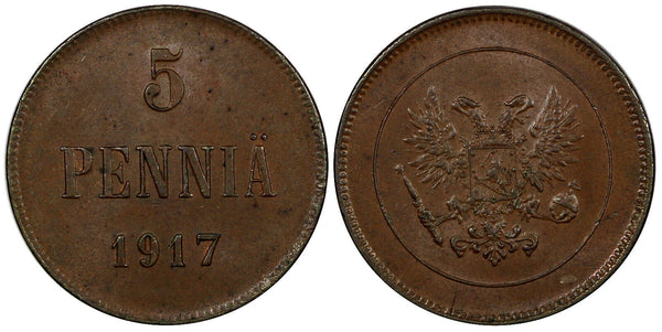 Finland Nicholas II Civil War Copper 1917 5 Penniä 1 Year Type UNC KM# 17 (929)