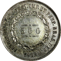 Brazil Pedro II Silver 1862 500 Reis aUNC Nice Toned KM# 464