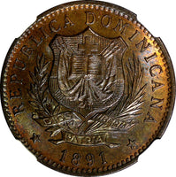 Dominican Republic Bronze 1891 A 10 Centesimos Toning NGC MS64 BN KM# 9 (26)