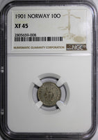 Norway Oscar II Silver 1901 10 Ore NGC XF45 Norwegian Lion KM# 350 (008)