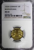 Germany 1924 A 10 Reichspfennig NGC MS66 TOP GRADED BY NGC  KM# 40 (049)