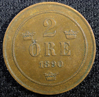 Sweden Oscar II Copper 1890 2 Ore  KM# 746   (23 132)