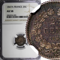 France Louis Philippe Silver 1847 A 25 Centimes NGC AU58 Nice Toned KM# 755.1(3)