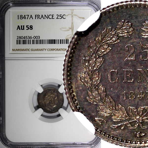 France Louis Philippe Silver 1847 A 25 Centimes NGC AU58 Nice Toned KM# 755.1(3)