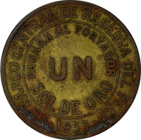 Peru Brass 1955 1 Sol de Oro 33mm aVF Condition KM# 222 (11 059)