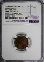 Germany HANNOVER Ernst August 1850-B 1 Pfennig NGC UNC DETAILS KM# 201.1 (208)