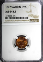 SWEDEN Oscar I Copper 1847 1/6 Skilling NGC MS64 RB NICE BU COIN KM# 656 (205)