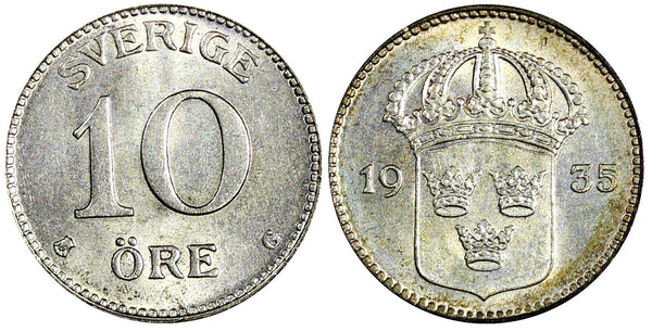 SWEDEN Gustaf V Silver 1935 G 10 Öre CHOICE UNC KM# 780 (22 141)