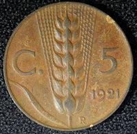 Italy Vittorio Emanuele III Bronze 1921 R 5 Centesimi KM# 59 (23 725)