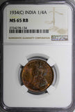 India-British George V Bronze 1934 (C) 1/4 Anna NGC MS65 RB NICE RED KM# 512/134