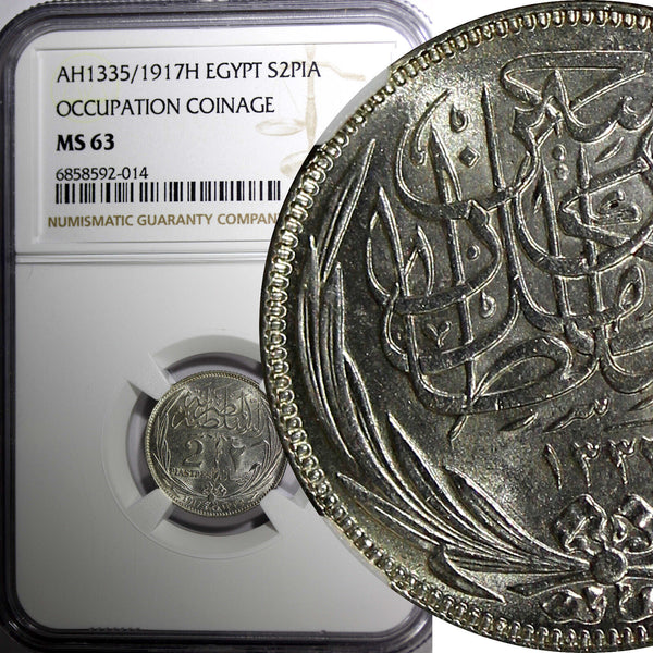 Egypt Occupation Coinage Silver AH1335/1917 H 2 Piastres NGC MS63 KM# 317.2 (14)