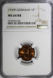 Germany-Third Reich Bronze 1939 F 1 Reichspfennig NGC MS64 RB RED KM# 89  (030)