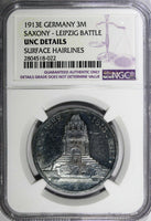 Germany SAXONY Leipzig Battle Silver 1913 E 3 Mark NGC UNC DETAILS KM#1275 (022)