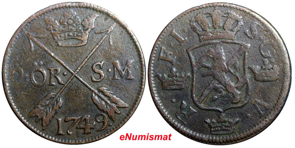 SWEDEN COPPER  Frederick I 1749 2 Ore,S.M.Struck at Avesta Mint . KM# 437 (2339)