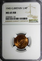 Great Britain George VI Bronze 1945 Farthing NGC MS65 RB RED TONING KM# 843