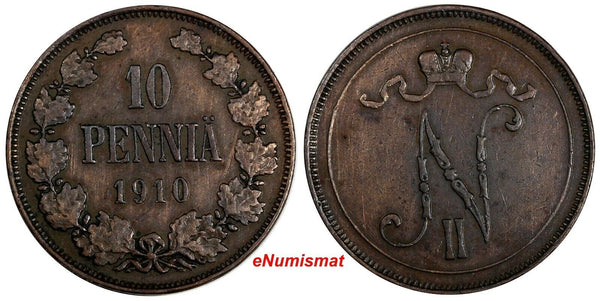 Finland Nicholas II Copper 1910 10 Pennia Mintage-241,000  KM# 14 (14 870)