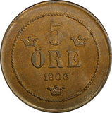 Sweden Oscar II Bronze 1906 EB 5 Öre Mintage-565 280 Choice UNC KM# 770 (21 947)