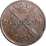 SWEDEN COPPER  Adolf Frederick 1761 2 Ore, S.M. Low Mintage:422,000 KM# 461 (31)