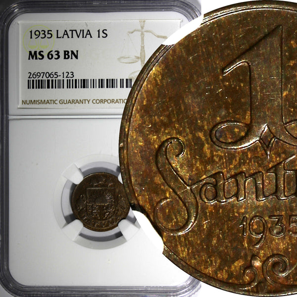 Latvia Bronze 1935 1 Santims NGC MS63 BN Struck at Switzerland.Last Date KM1(3)