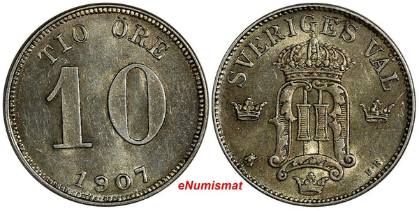 SWEDEN Oscar II Silver 1907 EB 10 Ore 1 YEAR TYPE  aUNC KM# 774 (17 031)