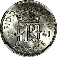GREAT BRITAIN George VI Silver 1941 6 Pence NGC MS60  KM# 852