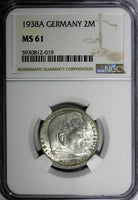 GERMANY-Third Reich Silver 1938 A 2 Reichs Mark NGC MS61 Hindenburg KM# 93 (019)