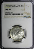 GERMANY-Third Reich Silver 1938 A 2 Reichs Mark NGC MS61 Hindenburg KM# 93 (019)