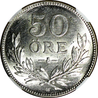 SWEDEN Gustaf V Silver 1927 W 50 Ore NGC UNC DETAILS SCARCE DATE KM# 788 (101)