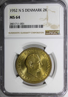 Denmark Frederik IX Aluminum-Bronze 1952 N S 2 Kroner NGC MS64 31mm KM# 838.1(1)