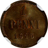 FINLAND Nicholas II Copper 1915 1 Penni NGC MS64 BN   KM# 13