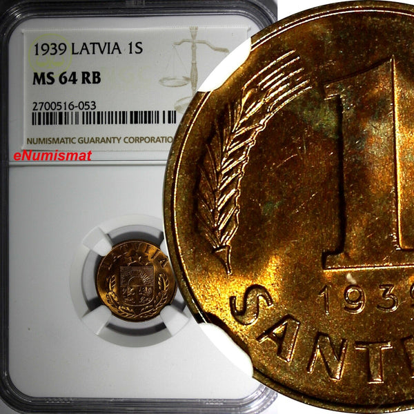 LATVIA Bronze 1939 1 Santims NGC MS64 RB Nice Red Toning BU KM# 10 (053)
