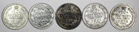 RUSSIA Nicholas II Silver LOT OF 5 COINS 1909,1910,1911,1912 10 KOPECKS Y#20a.3