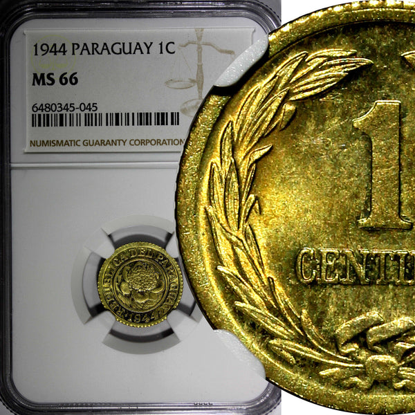 Paraguay Aluminum-Bronze 1944 1 Centimo NGC MS66 1 GRADED HIGHEST KM# 20 (045)