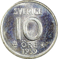 Sweden Gustaf VI SILVER 1959 10 Öre UNC KM# 823 (22 101)