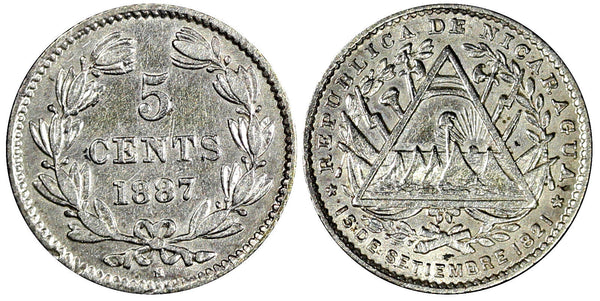 Nicaragua Silver 1887 H 5 Centavos Heaton's Mint 1 YEAR TYPE XF KM# 5 (21 661)