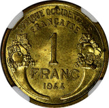 French West Africa Aluminum-Bronze 1944-L 1 Franc NGC MS63 Laureate Head KM2/061