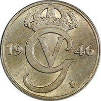 Sweden Gustaf V Nickel-Bronze 1946 TS 25 Öre  UNC KM# 798 (22 039)