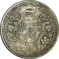 India-British George VI Silver 1943 (B) 1/2 Rupee aUNC KM# 552 (21 739)