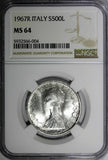 Italy Silver 1967 R 500 Lire NGC MS64 Christopher Columbus's ships KM# 98 (004)