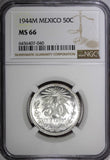 Mexico ESTADOS UNIDOS Silver 1944 M 50 Centavos NGC MS66 GEM BU KM# 447 (040)